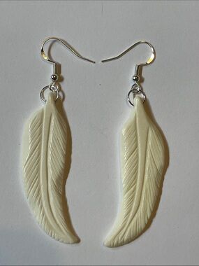 Ivory Buffalo Bone Carved Feather Drop Earrings 925